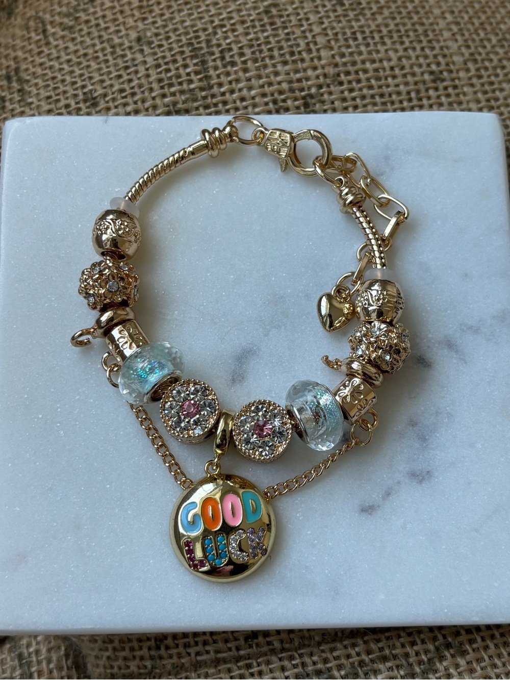Gold Tone Multicolor 'Good Luck' Charm Bracelet